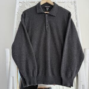 Kirkland Signature 100% Cashmere Sweater Mens Medium Gray Polo Henley Collar